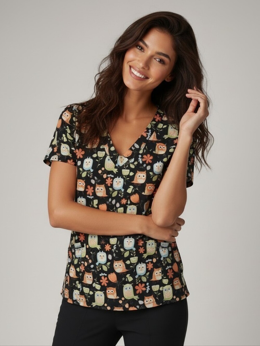 White Cross Womens Black V-Neck Owl Print Scrub Top Cinched Back 2 Pocket EUC XL